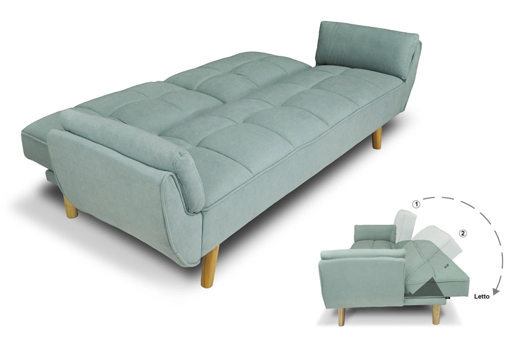 Divano letto clic clac in tessuto vellutato verde Tiffany - divano 3 posti Ambra piedi legno naturale DL-AM20FBC