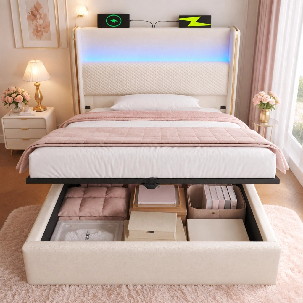 Letto singolo idraulico 90x200 cm con testiera alta, LED, USB/Type-C e contenitore, beige