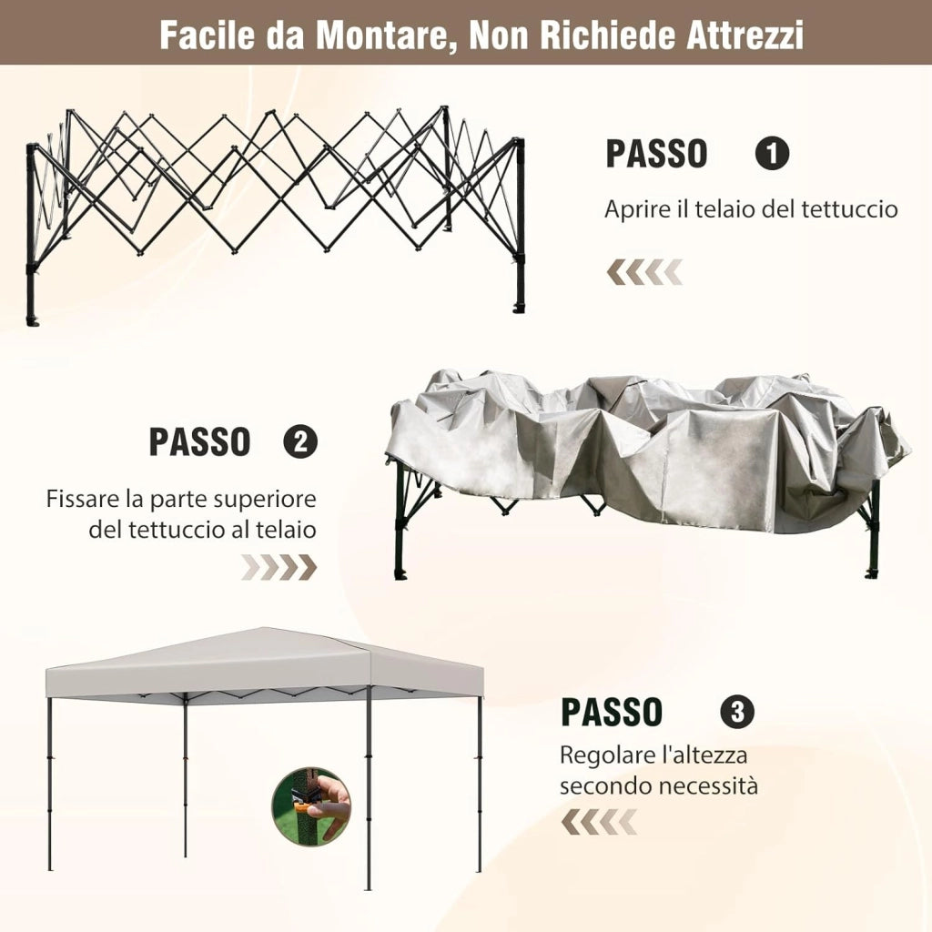 Gazebo Pieghevole Impermeabile, Gazebo Esterno Resistente con Acciaio Regolabile, Borsa Portatile, 9 Picchetti e 4 Corde Antivento, per Giardino, Feste e Barbecue (Beige, 3,65 x 2,25 m)