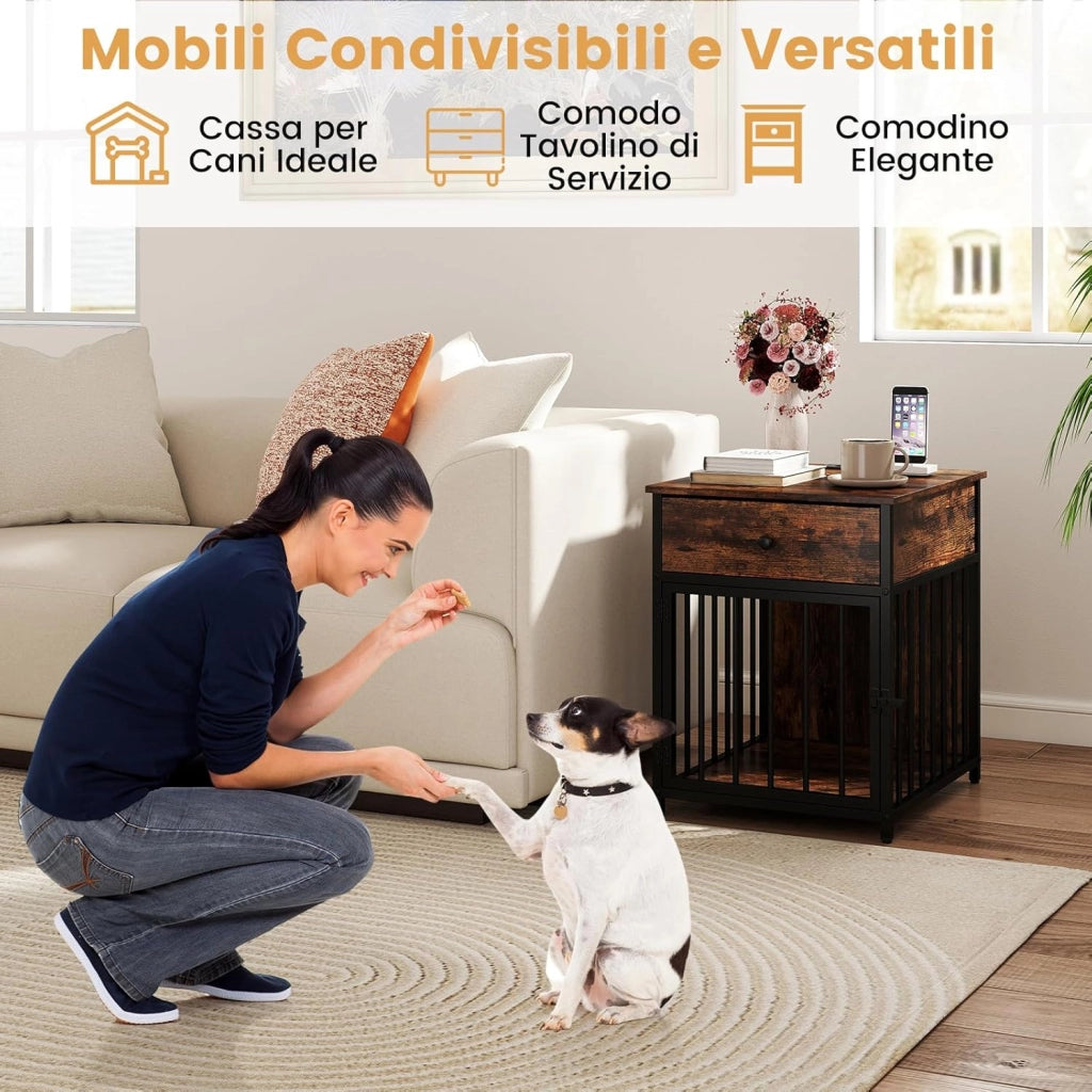 Gabbia per Cani 81 x 37 x 115 cm con 2 Prese AC, 2 Porte Usb e 1 Porta Type-C, Cuccia per Cani in Legno con Stazione di Ricarica, Cassetto e Tubi Metallici, Armadietto Multiuso