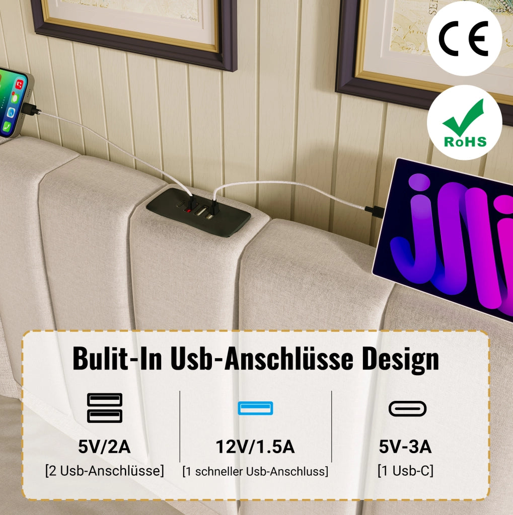 Letto matrimoniale imbottito 160x200 cm con contenitore; LED 360°; porte USB e Type-C; beige