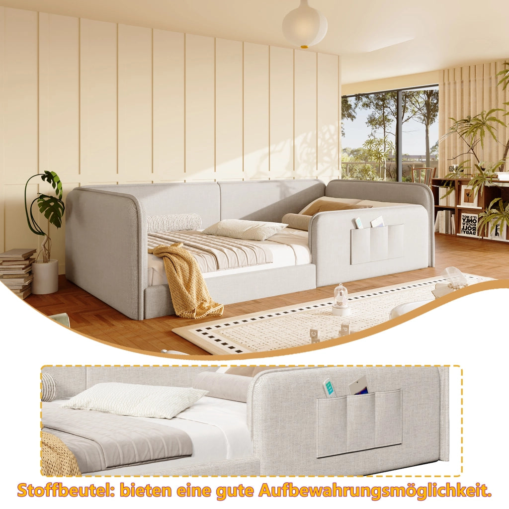 Letto imbottito per bambini 90x200 cm con parapetto perimetrale; schiuma antiurto; tasche laterali e rivestimento in lino beige