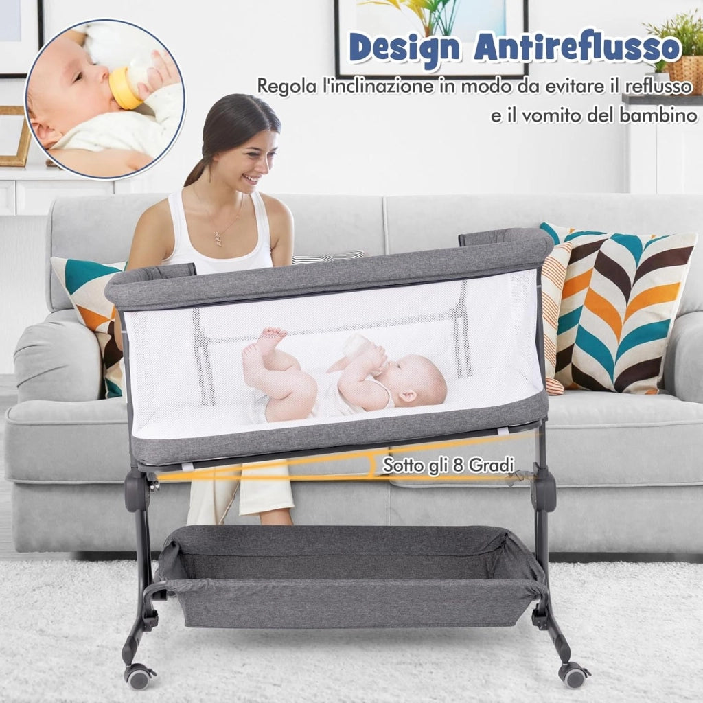 Culla da Affiancare per Neonati, Culla per Bambini con Altezza Regolabile a 6 Livelli, con Mensola Portaoggetti, Materasso e Borsa da Trasporto, per Bambini 0-6 Mesi (Grigio Scuro)