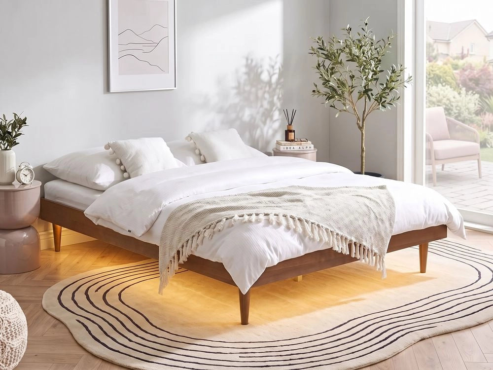 Letto in frassino marrone 180 x 200 cm con rete a doghe senza testata LED stile rustico minimalista