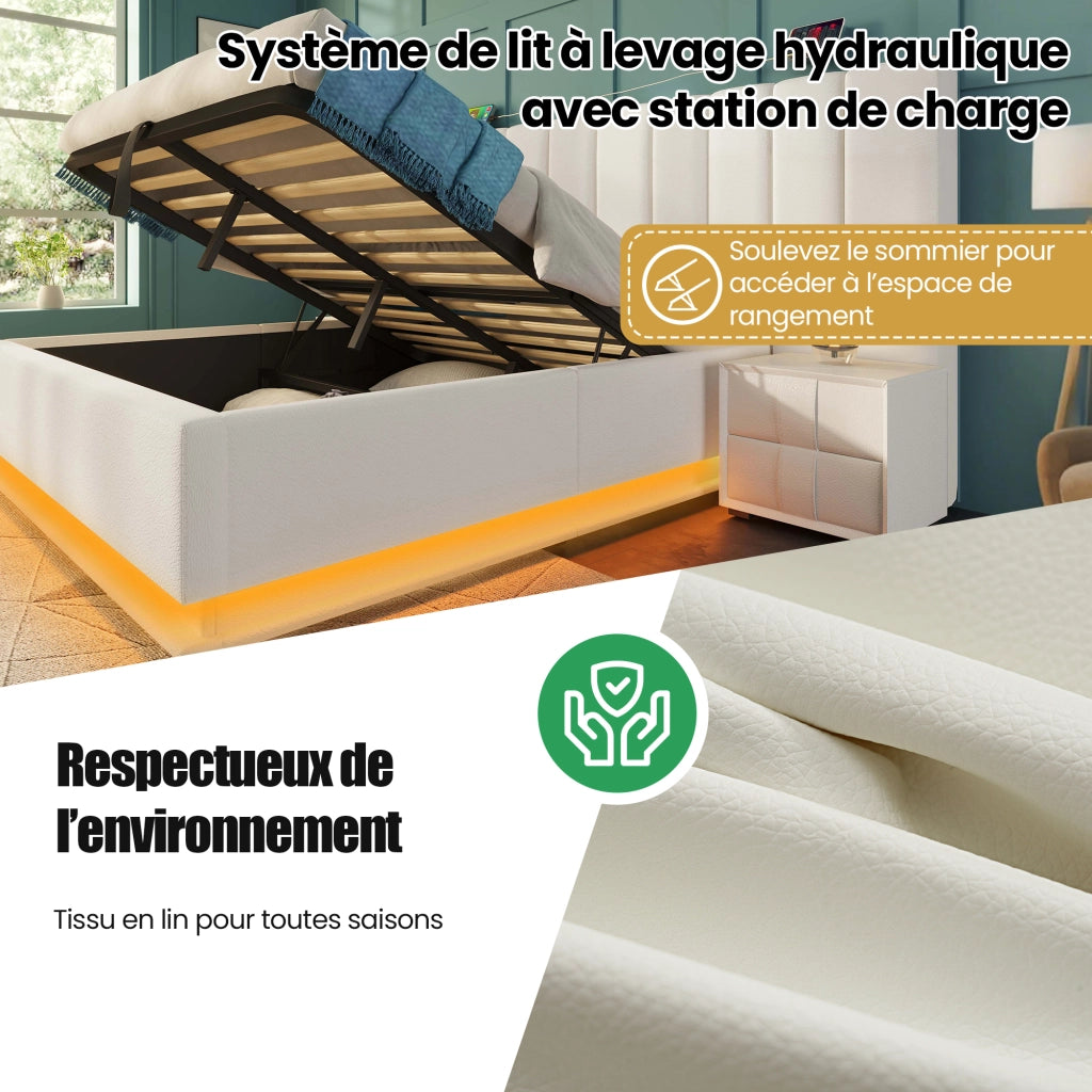 Letto Contenitore 160x200 cm; Letto Matrimoniale - 3 USB; 1 porta tipo C; LED 360° - PU - Bianco