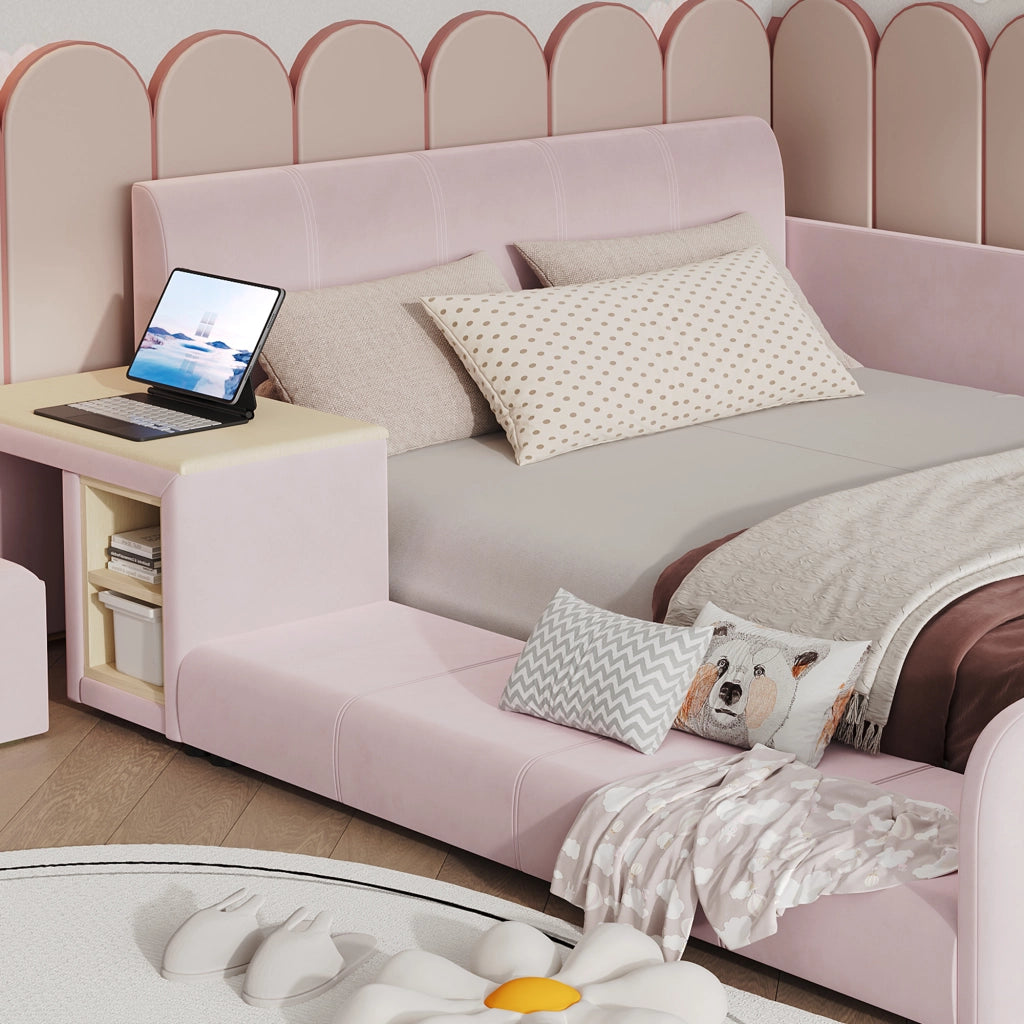 Letto per bambini 90 × 200 cm con scrivania, sgabello et ripiano, senza materasso, in velluto, rosa