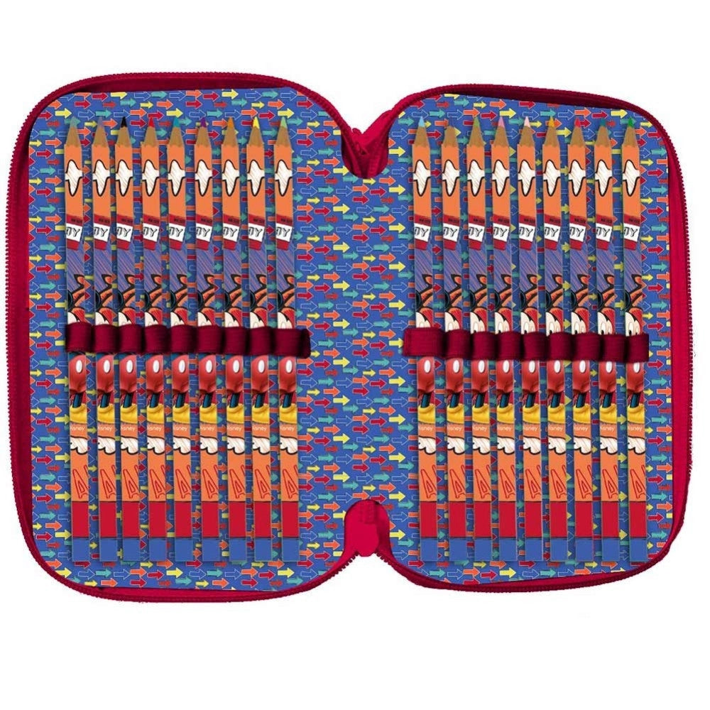 Trade Shop - Astuccio Portapastelli Scuola 3 Zip Topolino Accessoriato Pastelli Pennarelli -