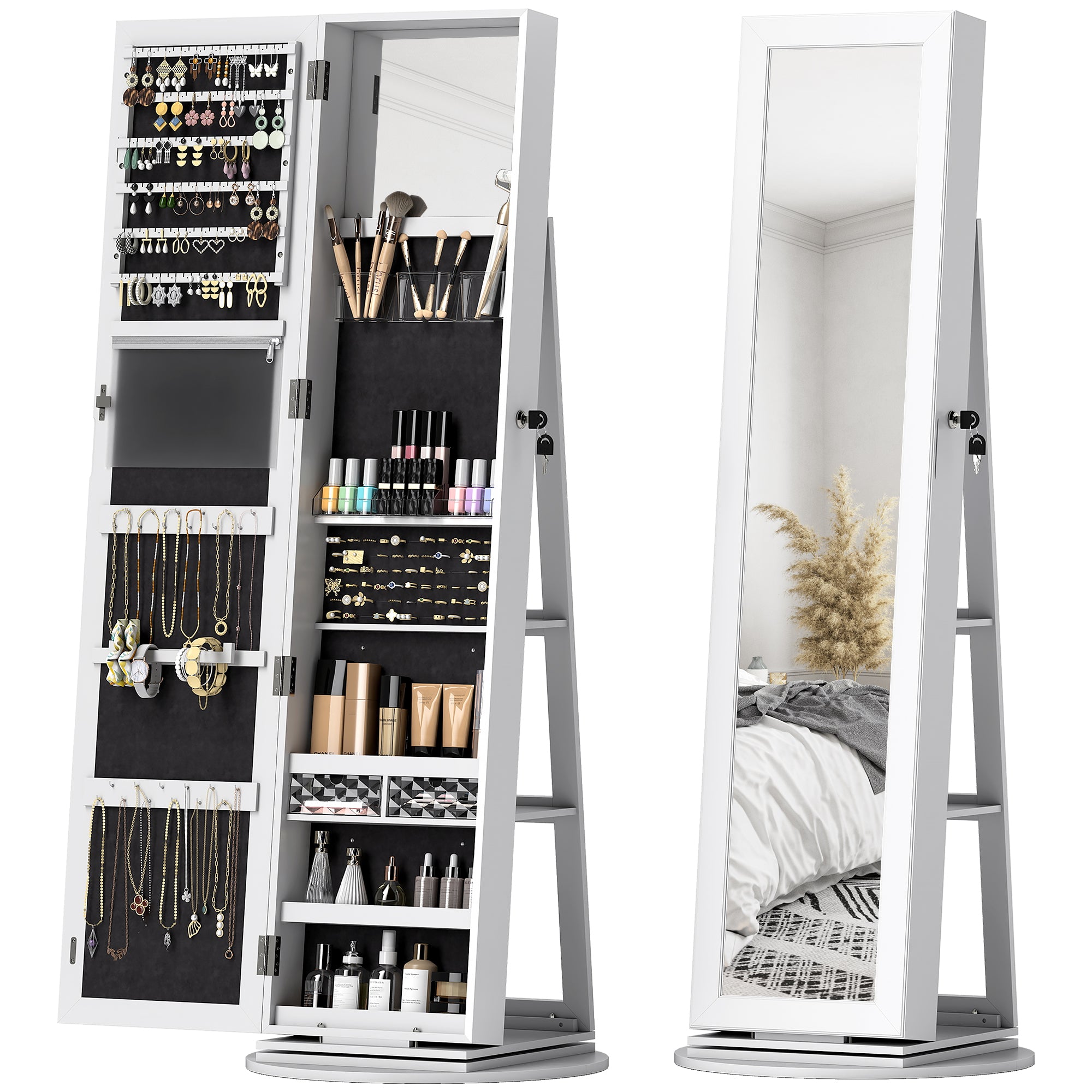 Specchio Portagioie 3 in 1 Girevole a 360° e Autoportante 55x55x161 cm in MDF Bianco