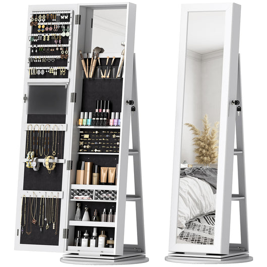 Specchio Portagioie 3 in 1 Girevole a 360° e Autoportante 55x55x161 cm in MDF Bianco