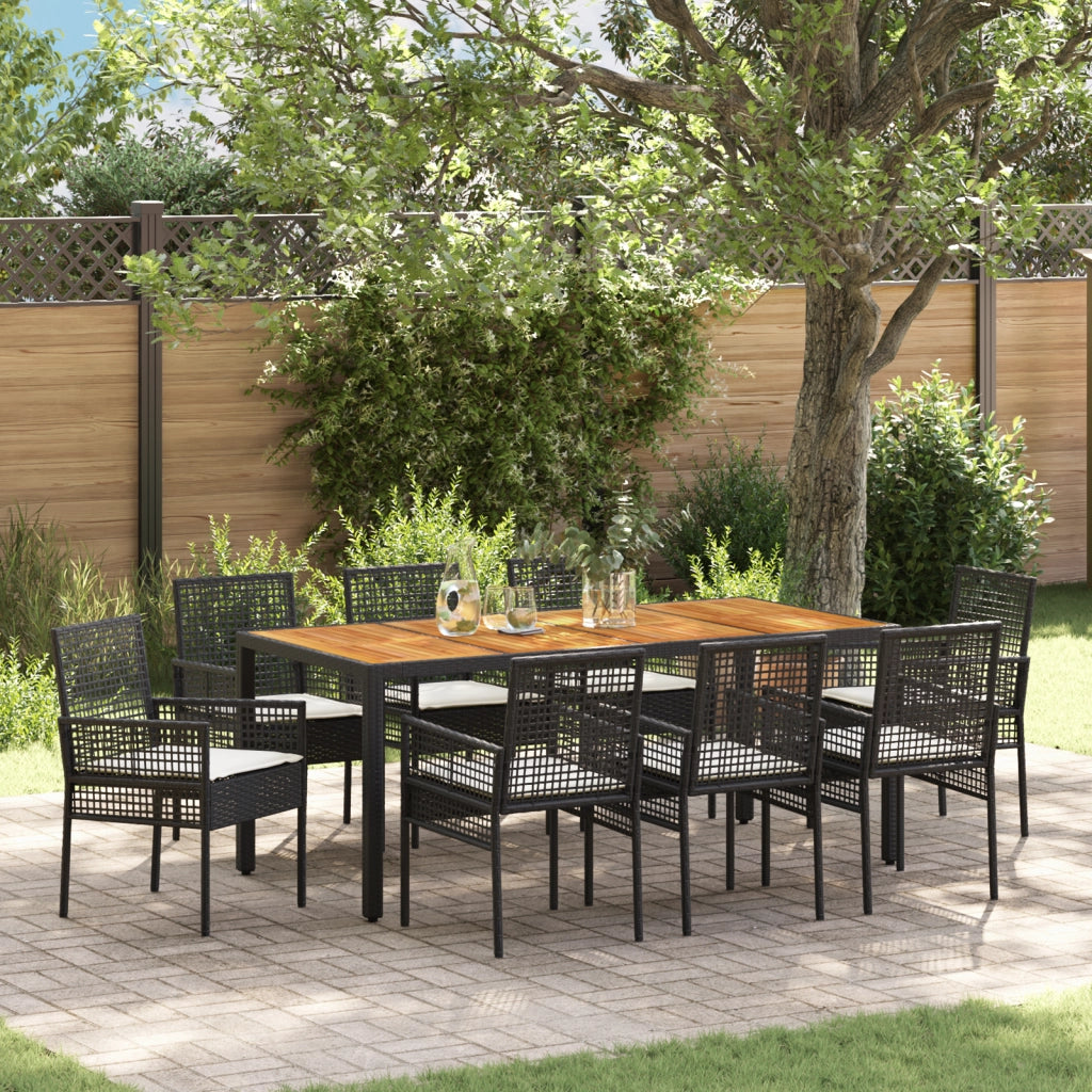 Set da Pranzo da Giardino 9 Pezzi con Cuscini Neri in Poly Rattan
