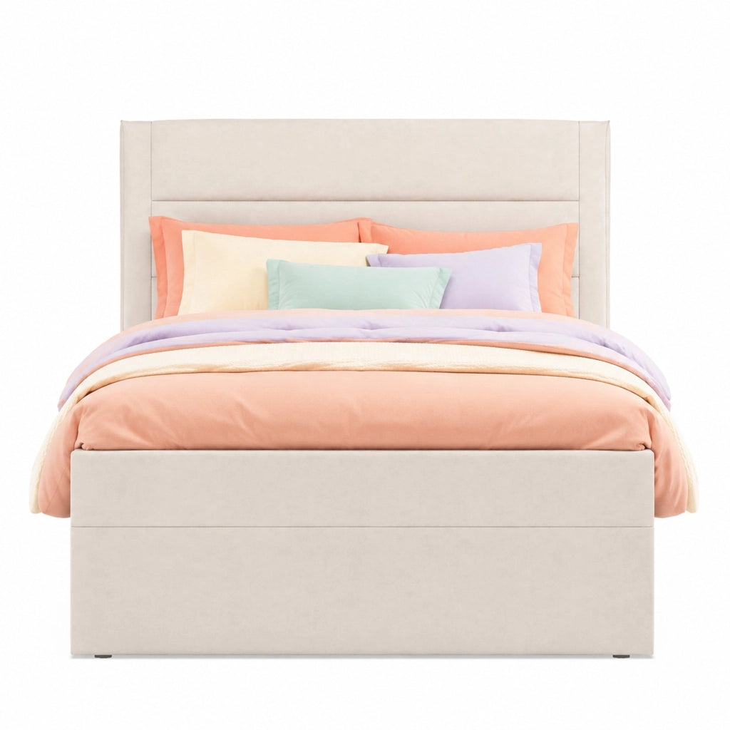 Letto singolo imbottito 90x200 cm con vano contenitore e rete a doghe; lino beige
