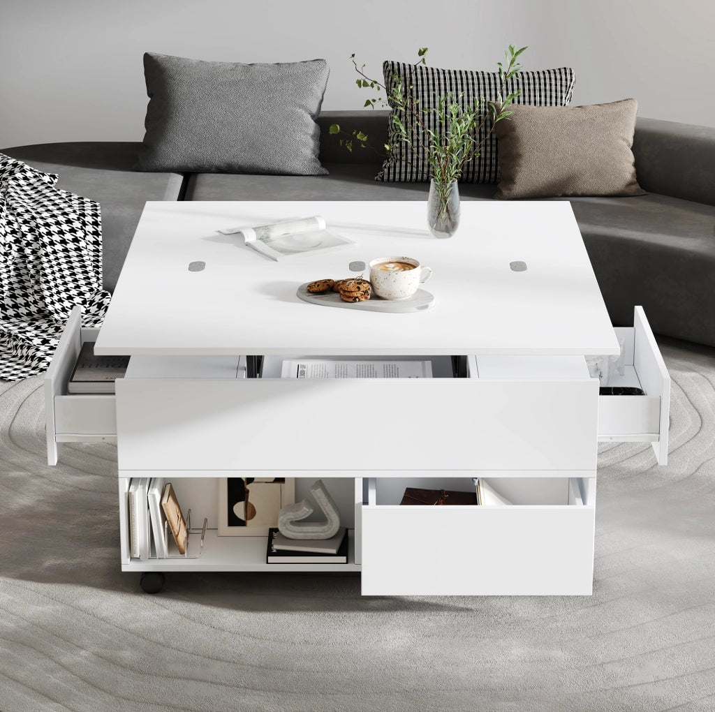 Tavolino elevabile bianco 100x50x52 cm con 4 cassetti e ruote