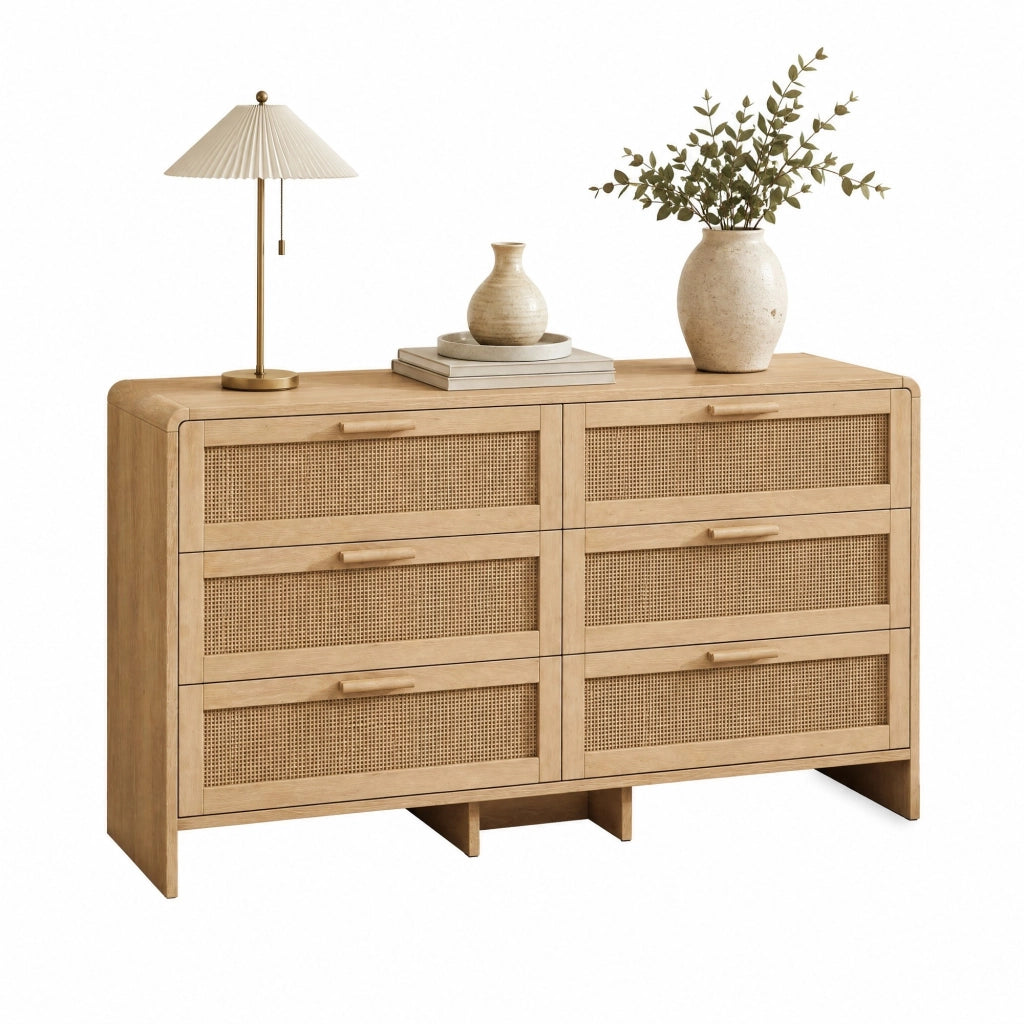 Mobile contenitore ad angolo con 6 cassetti in rattan, finitura naturale, 130 cm