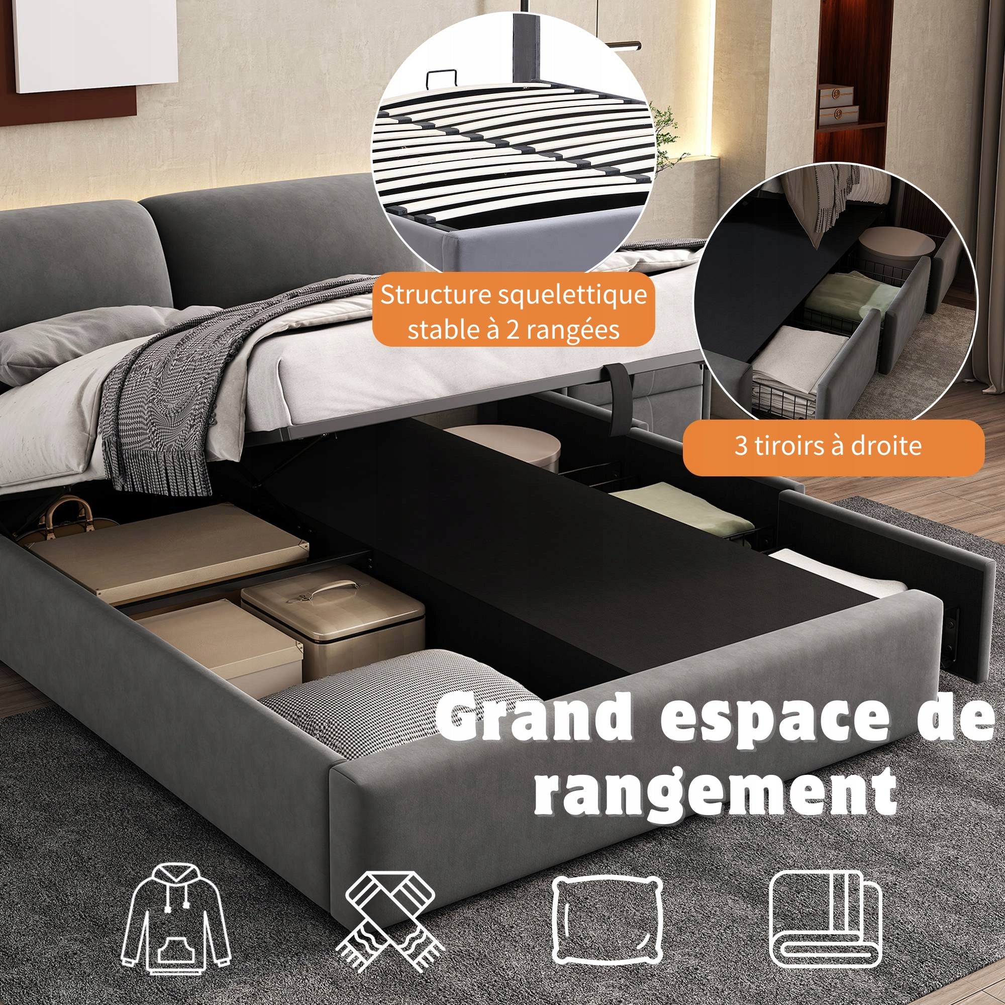 Letto 140x190 - Xylo - 3 Cassetti, Senza Materasso