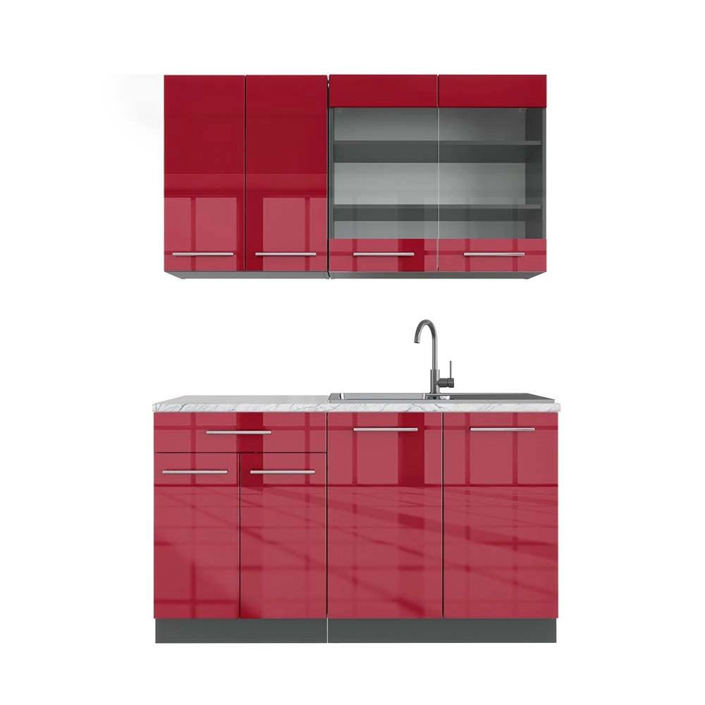 Cucina completa Fame-Line Bordeaux lucido/Antracite 140 cm, PL Marmo Vicco