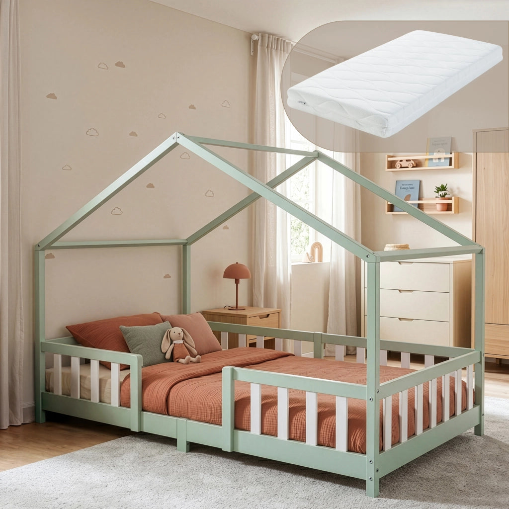 Letto per Cameretta Treviolo a Forma di Casetta in Stile Montessori con Materasso 120x200 cm - Menta Verde/Bianco [en.casa]