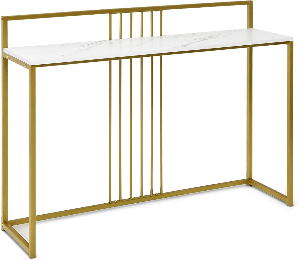 Tavolo Consolle in Marmorizzato Oro, Tavolino da Corridoio Struttura in Metallo, Tavolino da Salotto Design Moderno e Sottile, 120 x 30 x 88 cm (Bianco+Oro)