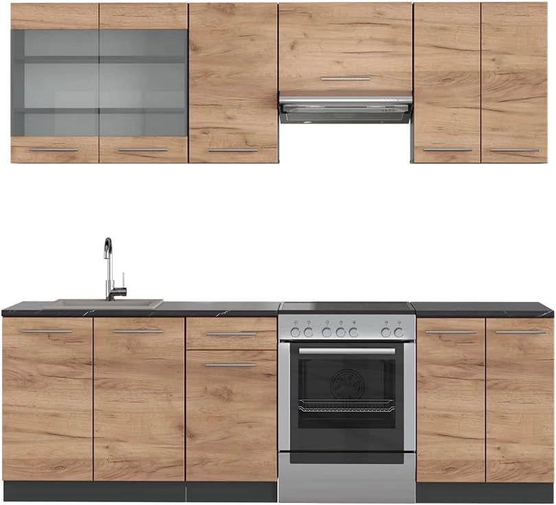 Cucina componibile Fame-Line, Quercia dorata/antracite, 240 cm senza piano di lavoro, adatto per l'espansione individuale con moduli aggiuntivi