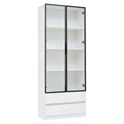 Vetrina con 2 ante e 2 cassetti con LED per soggiorno in MDF e vetro temperato; bianco; 80×34×200 cm