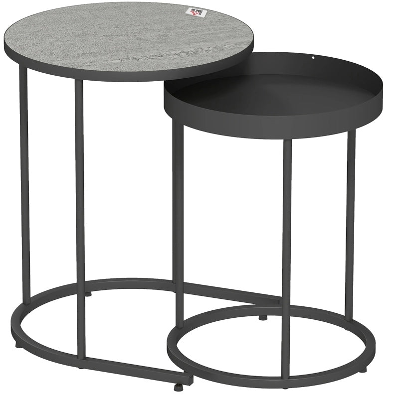 Set di 2 tavolini rotondi impilabili in MDF e metallo; grigio e nero