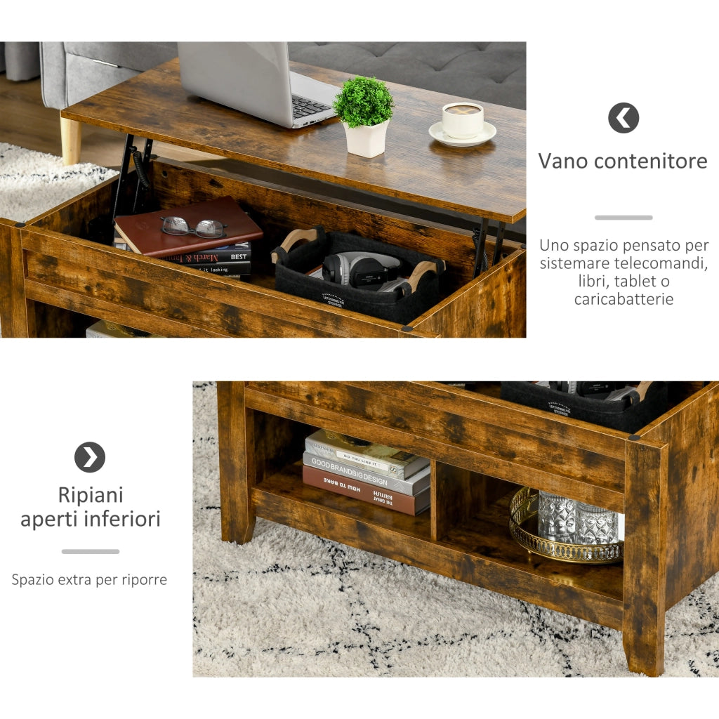 EasyComfort Tavolino da Salotto in Stile Industriale con Vano Contenitore e Piano Sollevabile in Legno, 105x50x49cm, Marrone Rustico