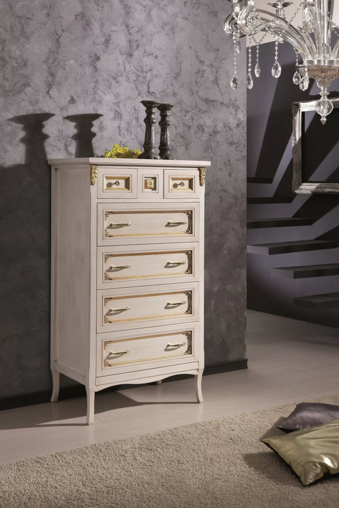 Cassettiera classica legno bianco invecchiato oro 79x50x144 - Mobili 2G
