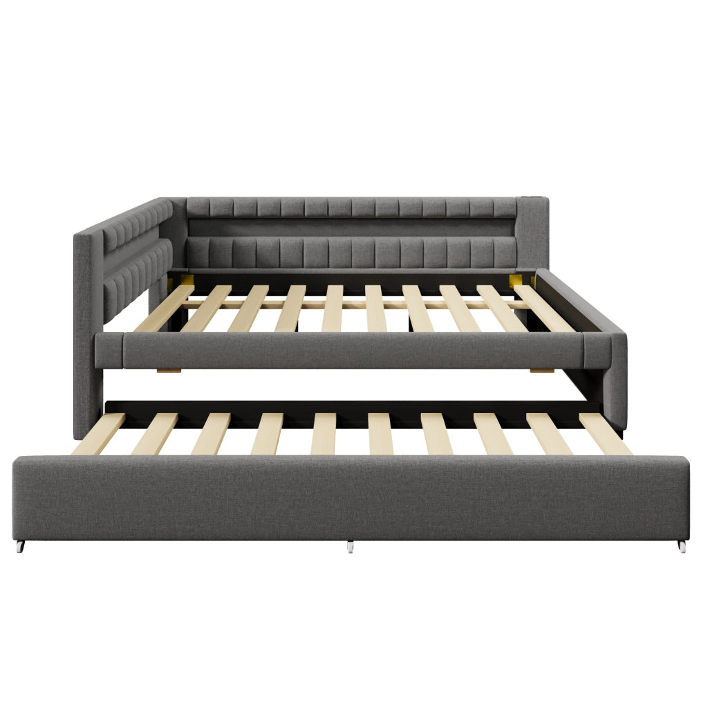 Letto 140x200 cm con letto estraibile e striscia LED in lino grigio