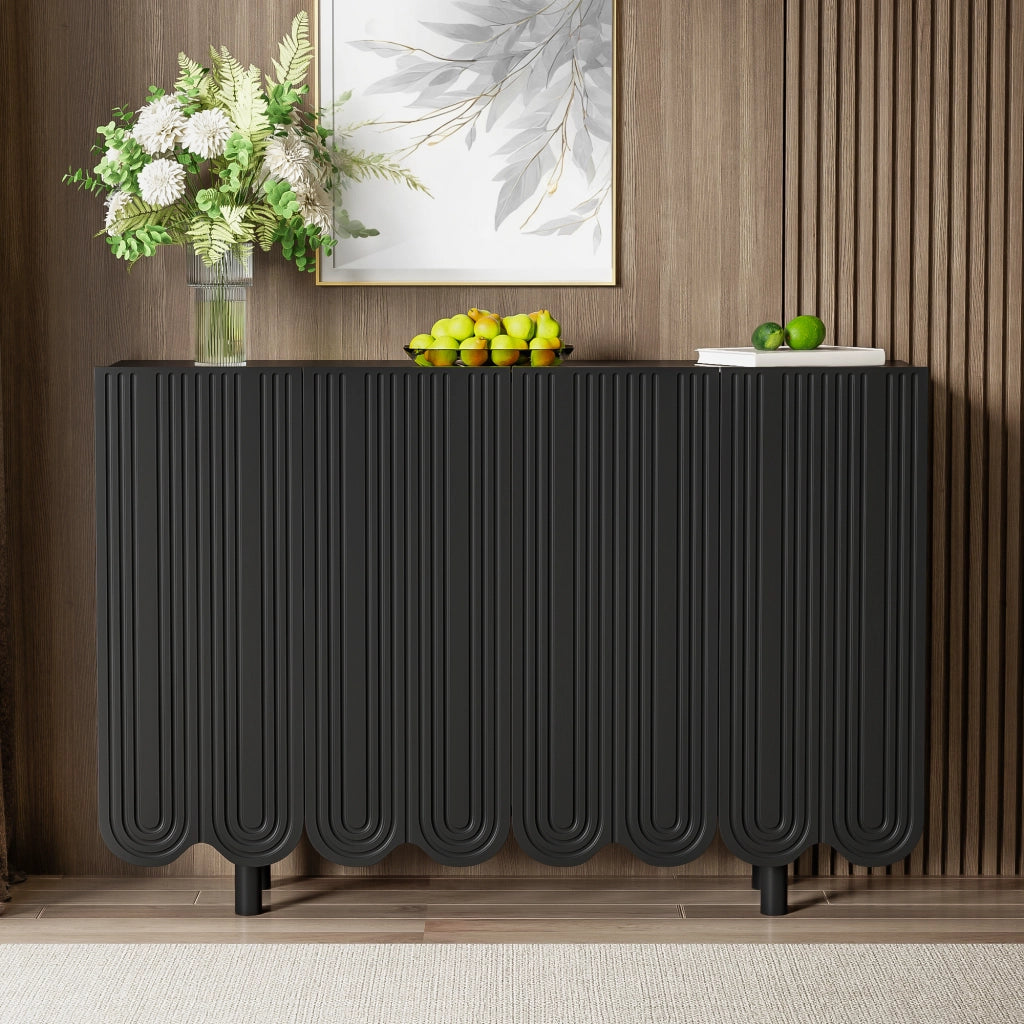 Credenza a 4 ante con intagli a goccia, ripiani interni e cerniere ammortizzate, MDF nero 120 × 37,5 × 80,8 cm