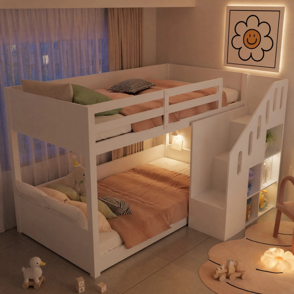 Letto a castello per bambini 90x200 cm con scala contenitore e sponde; bianco
