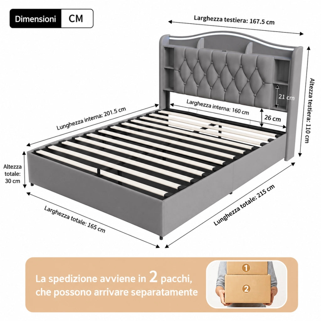 Letto matrimoniale con contenitore idraulico 160x200cm, testiera velluto grigio, luci LED RGB, ricarica USB‑wireless, scomparti porta‑oggetti