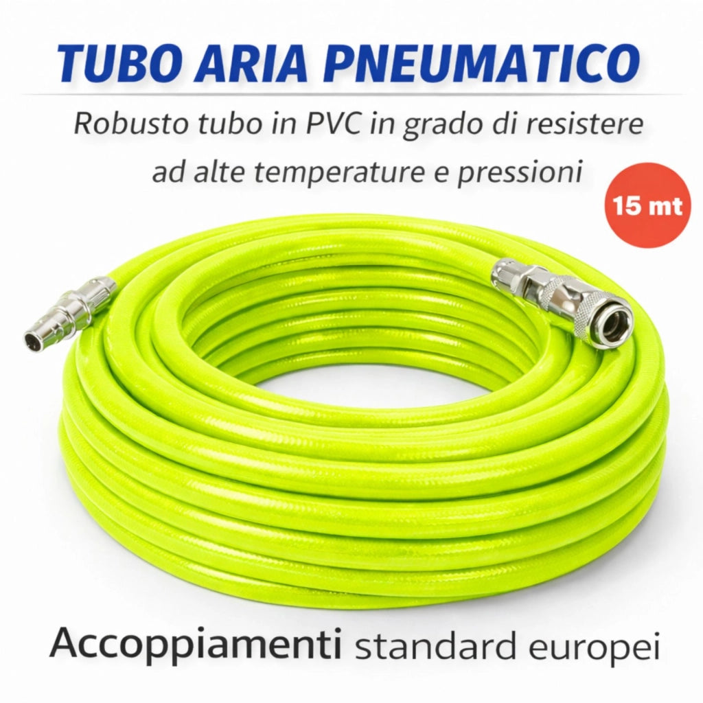 Tubo Aria Compressa 20m PVC Rinforzato 300 PSI Attacco Rapido 1/4'' 10x15 mm