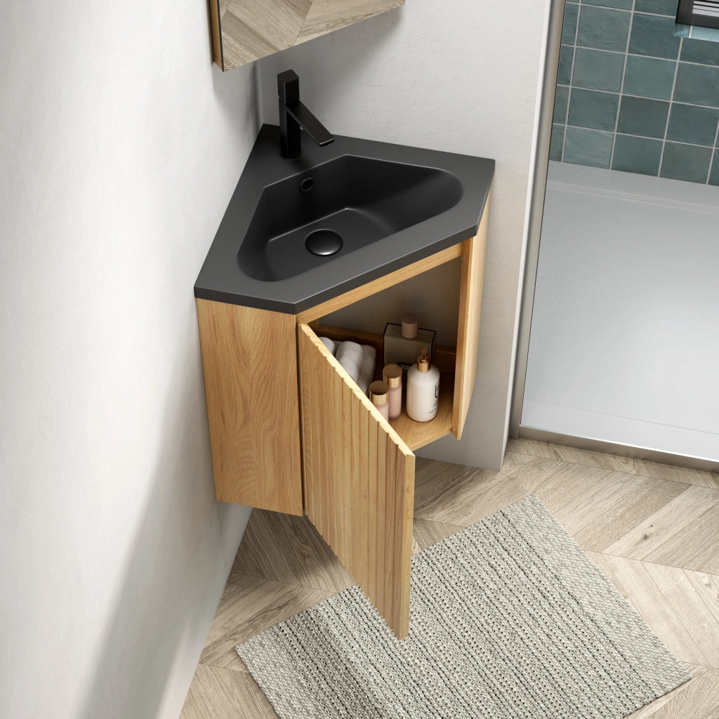 MOBILE BAGNO ANGOLARE 38 cm con lavabo integrato in resina nero e legno naturale