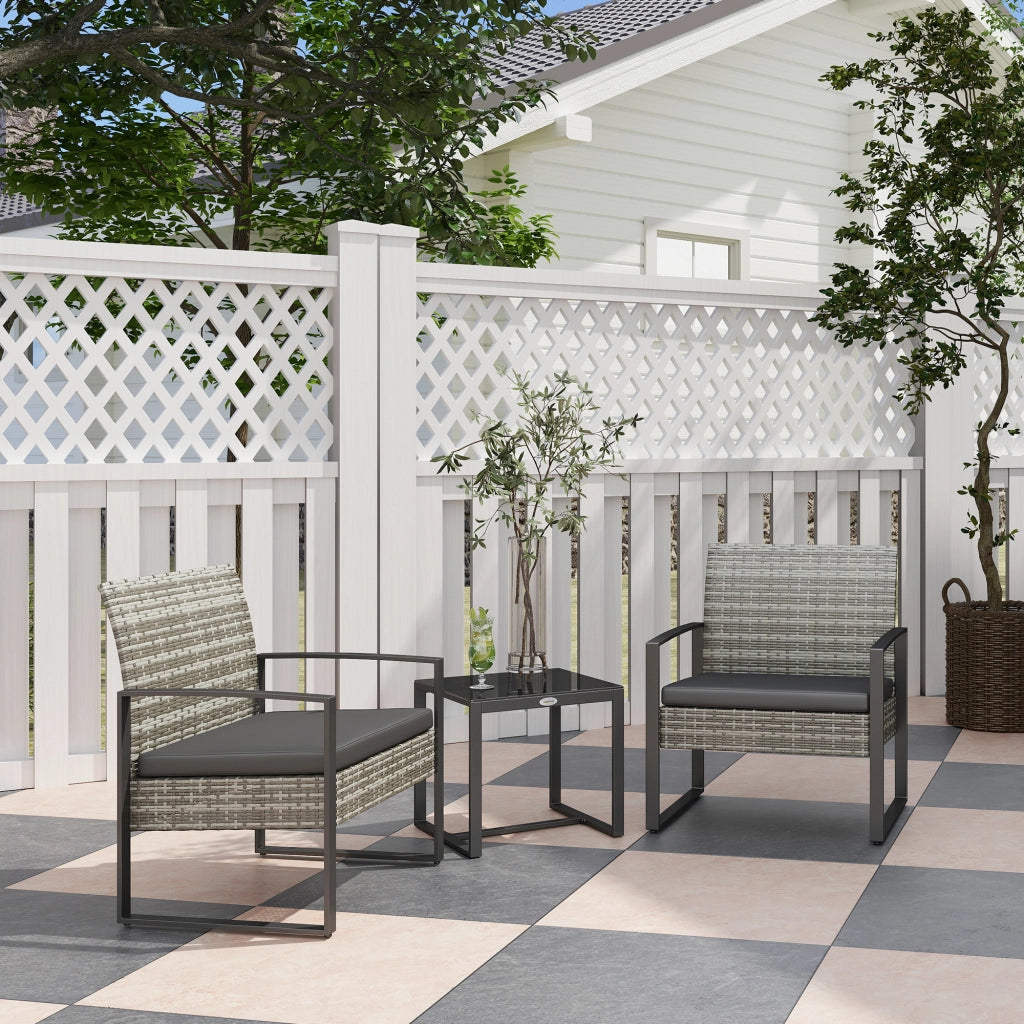 Set giardino 3 pezzi ¨C zephmum ¨C 2 sedie con cuscini + tavolino in vetro e polyrattan, grigio chiaro