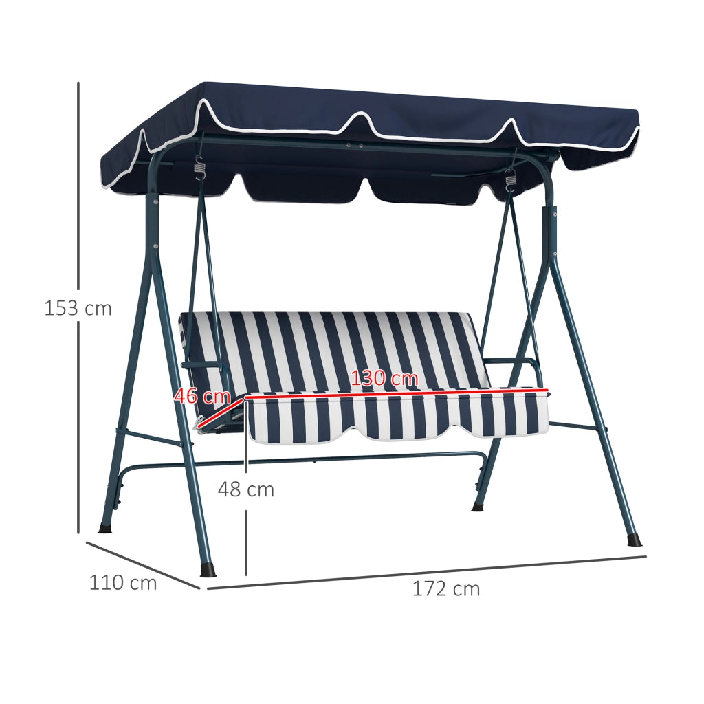 Dondolo da Giardino 3 Posti con Tetto Parasole, in Acciaio e Poliestere, 172x110x153 cm, Bianco e Blu