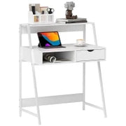Scrivania per Computer Stile Neo-Rétro con Cassetto, Vano e Mensola, in Metallo, Bianco
