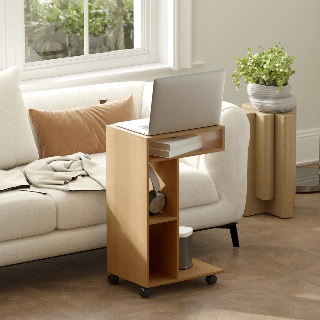Tavolino da salotto con rotelle e ripiani aperti ¨C zephmum ¨C 40x30x69 effetto rovere
