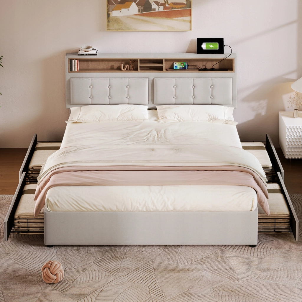 Letto imbottito 140x200 grigio, 4 cassetti, USB - Xylo