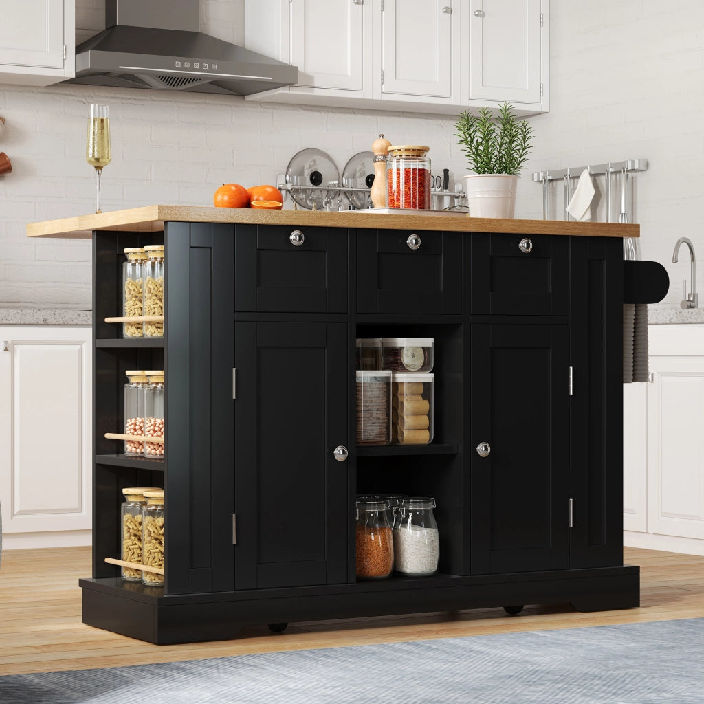 Isola da cucina mobile con piano ribaltabile, 3 cassetti, ante, prese integrate e ruote, effetto legno naturale/nero