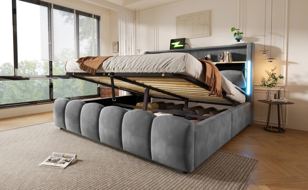 Letto imbottito 180x200 cm in velluto grigio con LED; contenitore e porte USB