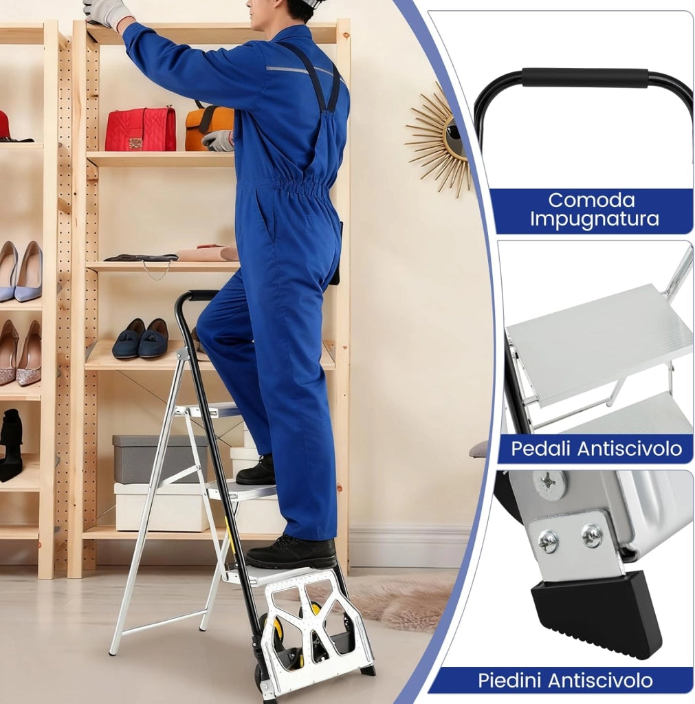 Carrello a Mano 2 in 1 e Scala, Scaletta Pieghevole a 3 Gradini in Alluminio con Ruote in Gomma e Pedali Antiscivolo, Carrello Portatile con Corrimano per Casa e Ufficio, Portata 250 kg