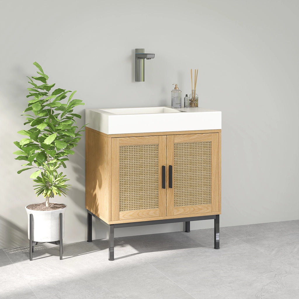 Mobiletto sottolavabo con ante in effetto rattan, struttura in legno, 60 x 39 x 60 cm, colore rovere