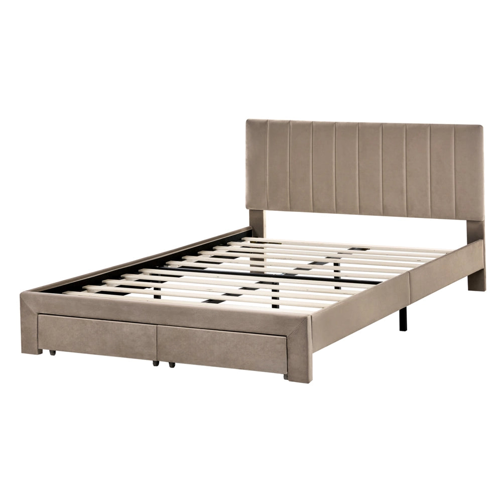 Letto matrimoniale 140 x 200 cm Bianco Sporco Rivestimento in velluto 4ft con cassetti Testiera Base a doghe Moderno