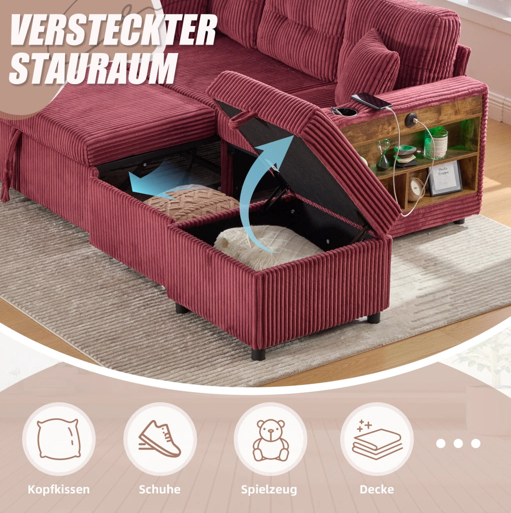 Divano letto estraibile in velluto a coste rosso vino con USB-C