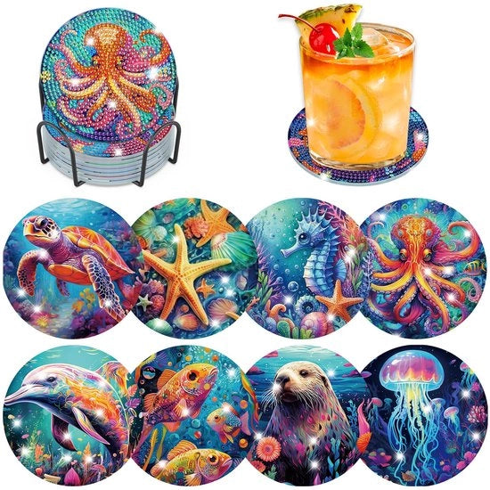 Set di Onderzetters per Diamond Painting 8 pezzi con Supporto, Immagini di Animali Marini per Diamond Painting, Immagini per Diamond Painting per Adulti, Onderzetters per Diamond Cup con Gomma, Set di Creatività per Adulti