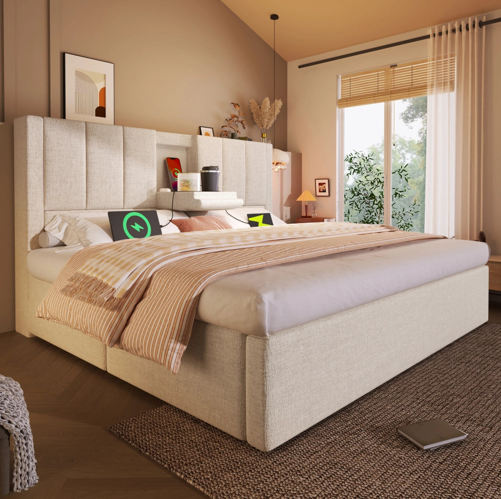 Letto imbottito 140x190 cm con contenitore e ricarica USB-C