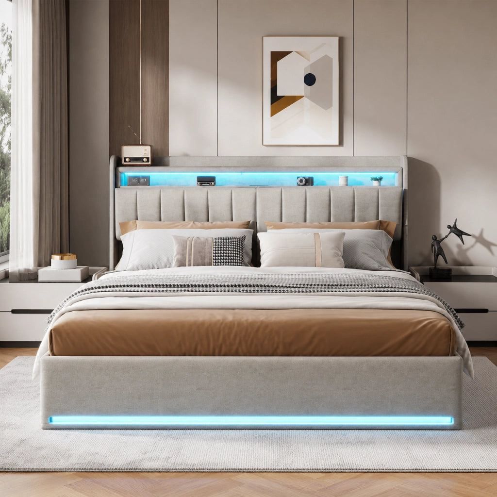 Letto matrimoniale con contenitore idraulico 160x200 cm, velluto grigio, testiera con vani, LED RGB, porte USB‑C e USB