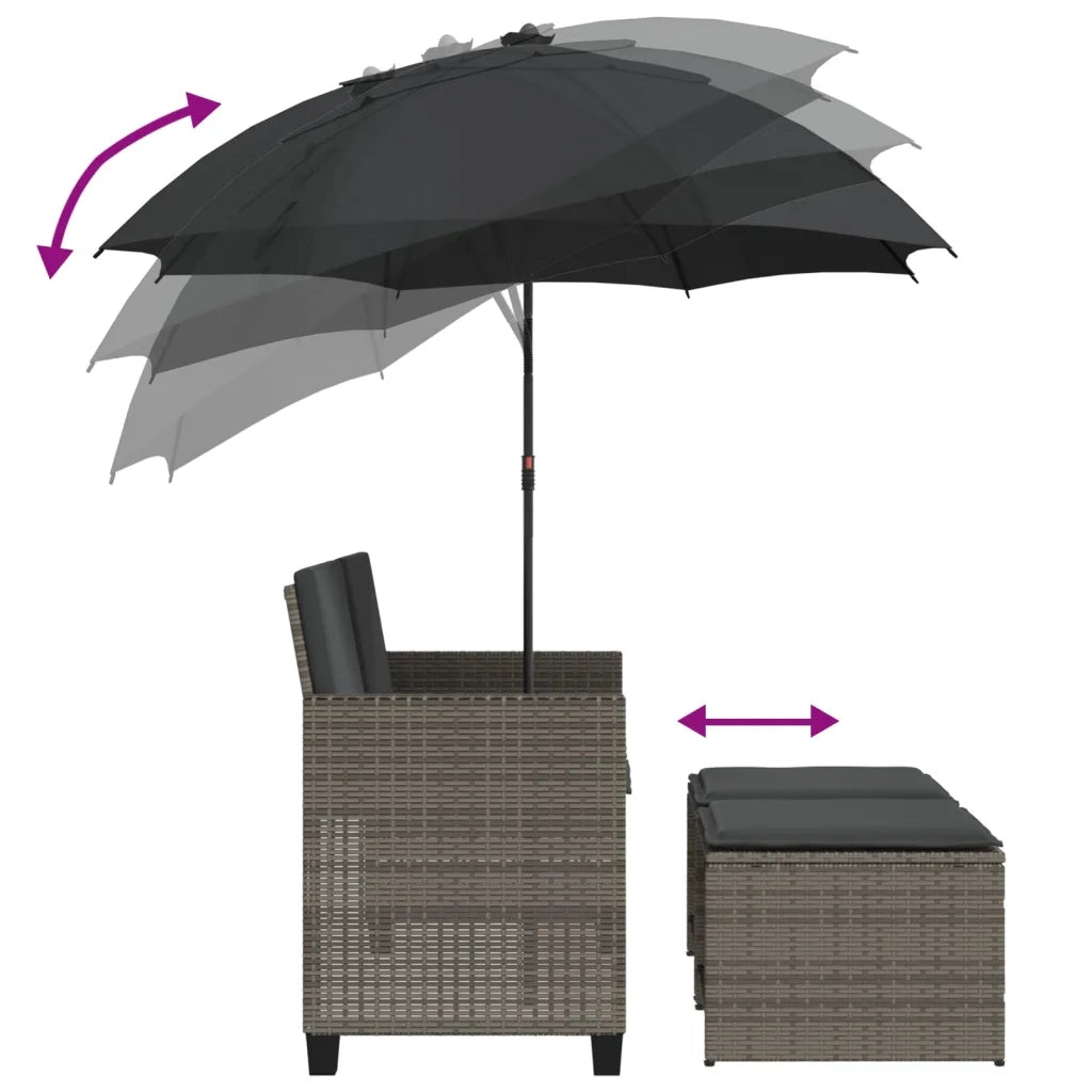 vidaXL Divano Giardino 2Posti Ombrellone e Sgabelli Grigio Polyrattan