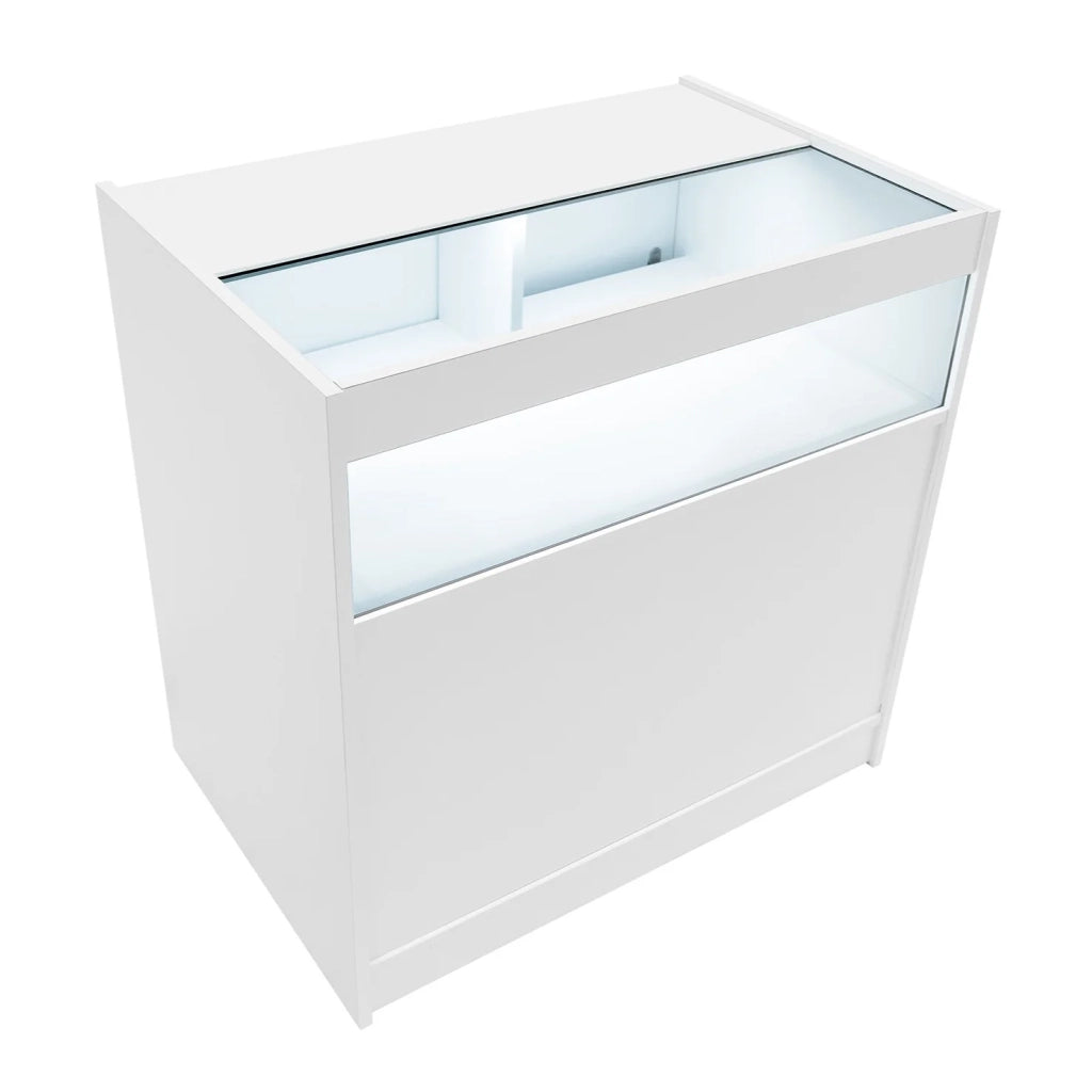 Bancone LED Bianco B900 con Vetrina, Ante Scorrevoli e Ripiani – Bloccabile