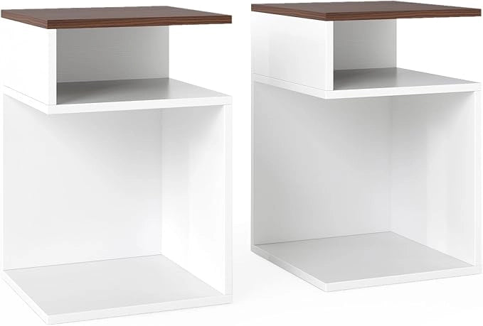 Tavolino Laterale da Salotto a Forma di S per Piccoli Spazi, Tavolino per Divano con 2 Scomparti Aperti, Comodino Moderno per Soggiorno, Camera da Letto e Studio, Bianco (2,Noce e Bianco)