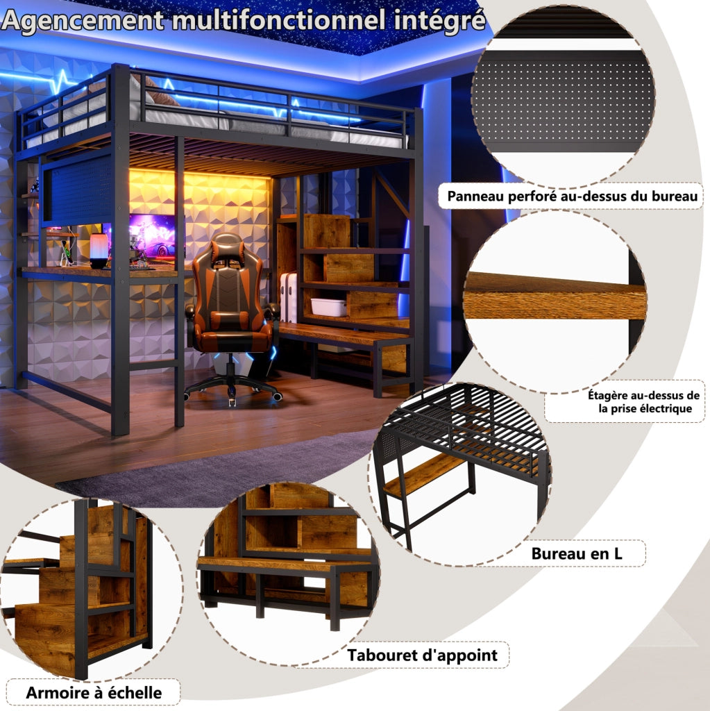 Letto a soppalco ULEVR 140x200 cm con scrivania, LED, USB e USB-C, ripiani e scala contenitore, nero
